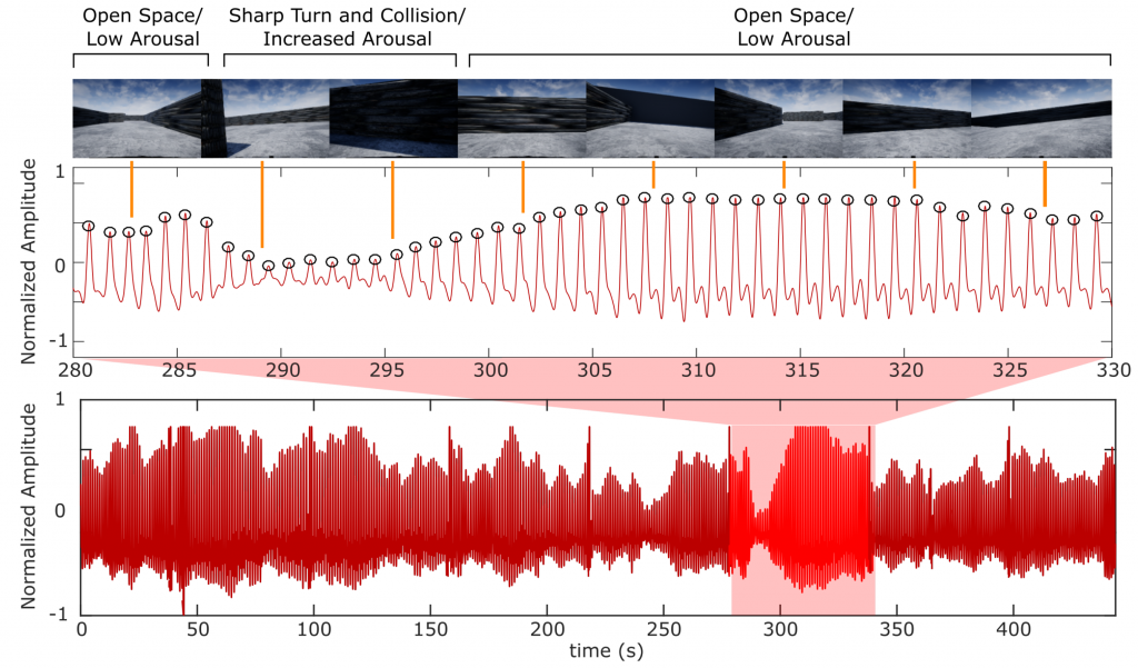 An example of the physiological response (blood volume pulse) recorded from a human during a driving task. A zoomed in section of the pulse wave with frames from the view of the driver are shown. Note how the pulse wave pinches between seconds 285 and 300, during this period the driver collided with a wall while turning sharply to avoid another obstacle. The pinching begins before the collision occurs as the driver’s anticipatory response is activated. The intrinsic reward component aims to recreate statistical properties of the blood volume pulse wave during driving in the simulated environment