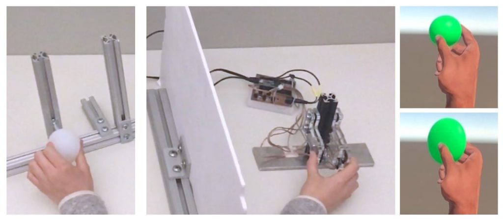 Figure 3: Applying force on the controller allows users to squeeze virtual objects. A simulated haptic sensation rendered on TORC completes the visual simulation. Compliance tests of TORC in VR showed it can be used to simulate a silicone anti-stress ball.