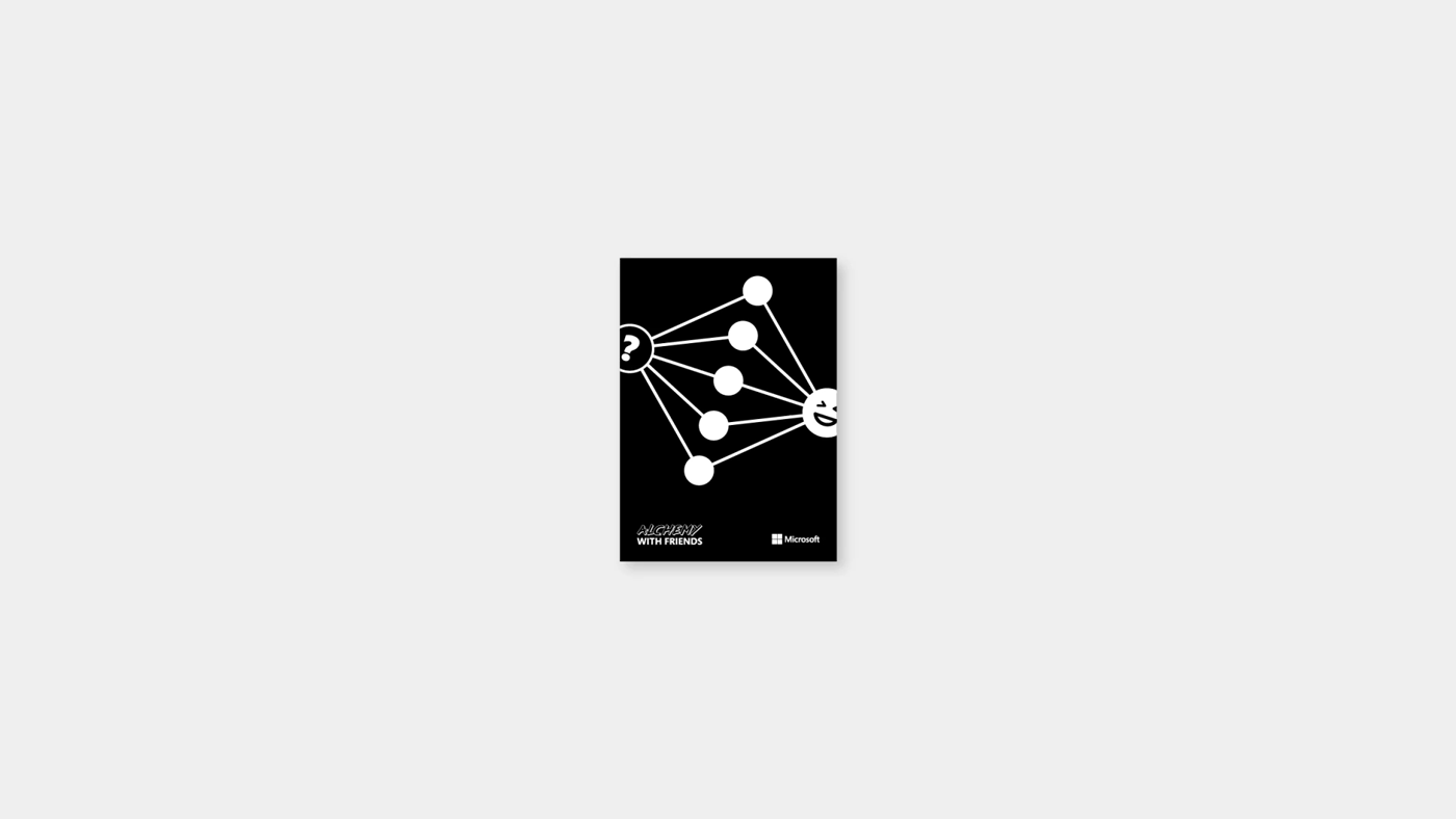 An animated illustration showing examples of cards contained within Alchemy with Friends, an ad-lib style party card game. The animation shows a sample of black cards with sentences players use their own white cards to complete. Card 1: Blank should be trivial to implement. Card 2: PhD advisors these days have no respect for blank. Card 3: