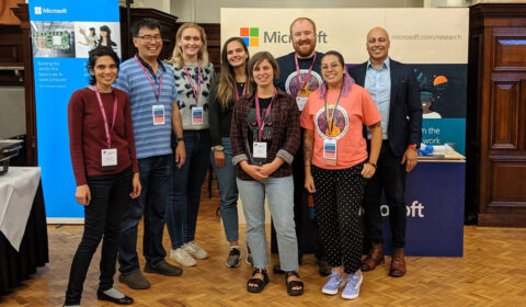 Anna Krystalli from the University of Sheffield (fourth from right) won best poster at the fourth Conference of Research Software Engineering with her poster on pkgreviewr for helping automate the rOpenSci review process for open reproducible research and data access. Microsoft sponsored the first prize for the competition, and pictured with Krystalli is a group from the company (from left): Pashmina Cameron, Kenji Takeda, Camilla Longden, Raluca Georgescu, Matthew Johnson, Tania Allard, and Bhavin Bhagalia.