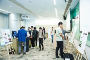 a group of people standing in a room