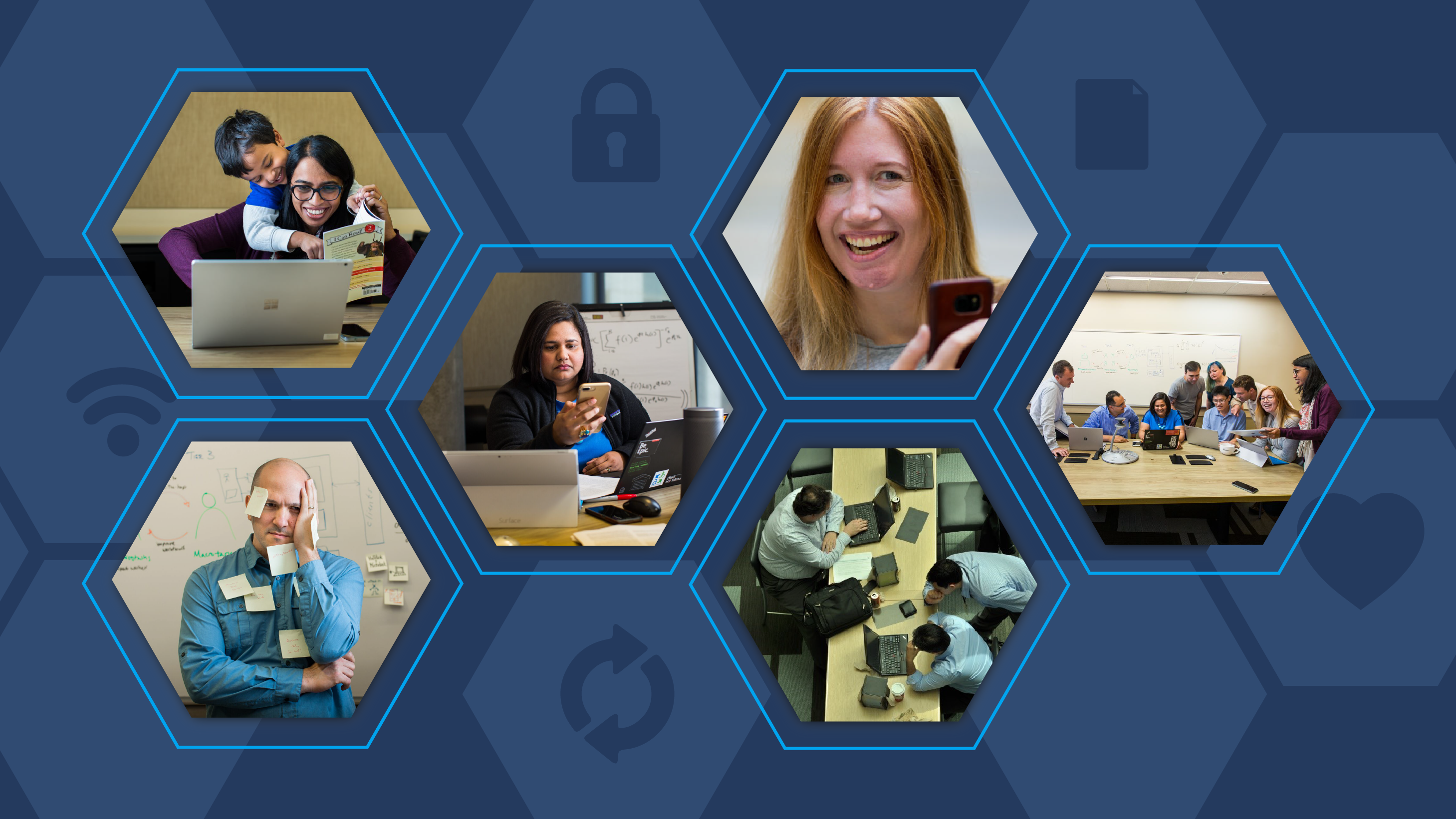 A collage of information workers displaying a range of emotions while at work. 