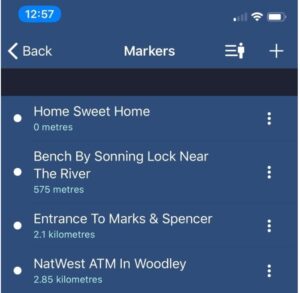 Image of the Markers screen showing four different markers; one for my home, one for a bench nearby, one for an entrance to a store, and the final one for an ATM in my local town