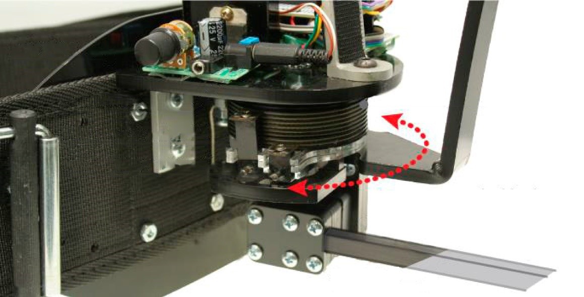 A coiled braking mechanism, with an arrow showing that it rotates from side to side.