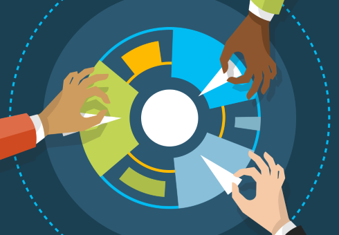 illustration of 3 different colored hands each picking a piece from a pie chart