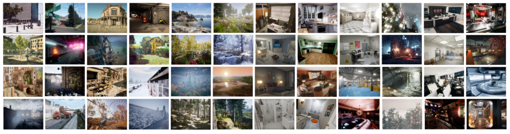 Approximately 50 images of various simulated environments. They include: sunsets, futuristic science fiction cityscapes, nature scenes, and both city and rural environments.