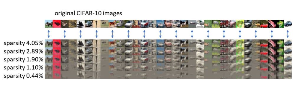 Approximately 30 thumbnail images labeled “original CIFAR-10 images,” a range of various animals and various vehicles, and their counterparts as sparsity decreases. Each image shows sparsity at 4.05%, 2.89%, 1.90%, 1.10%, and 0.44%. A grayscale layer becomes more prominent in each image as sparsity value decreases. 