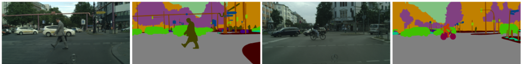 4 images from left to right: 1. A man in a suit walking across a street carrying a briefcase. 2. A color segmentation of image one. Trees behind man are purple, cars behind man are green, curb in foreground in dark red. Building to the right and behind the man are orange. The sky is teal. 3. An image of a person riding a bike across a street. 4. A color segmentation of image 3. The trees behind the cyclist are purple. The cars behind the cyclist are green. The buildings behind the cyclist are orange. The sky is teal.