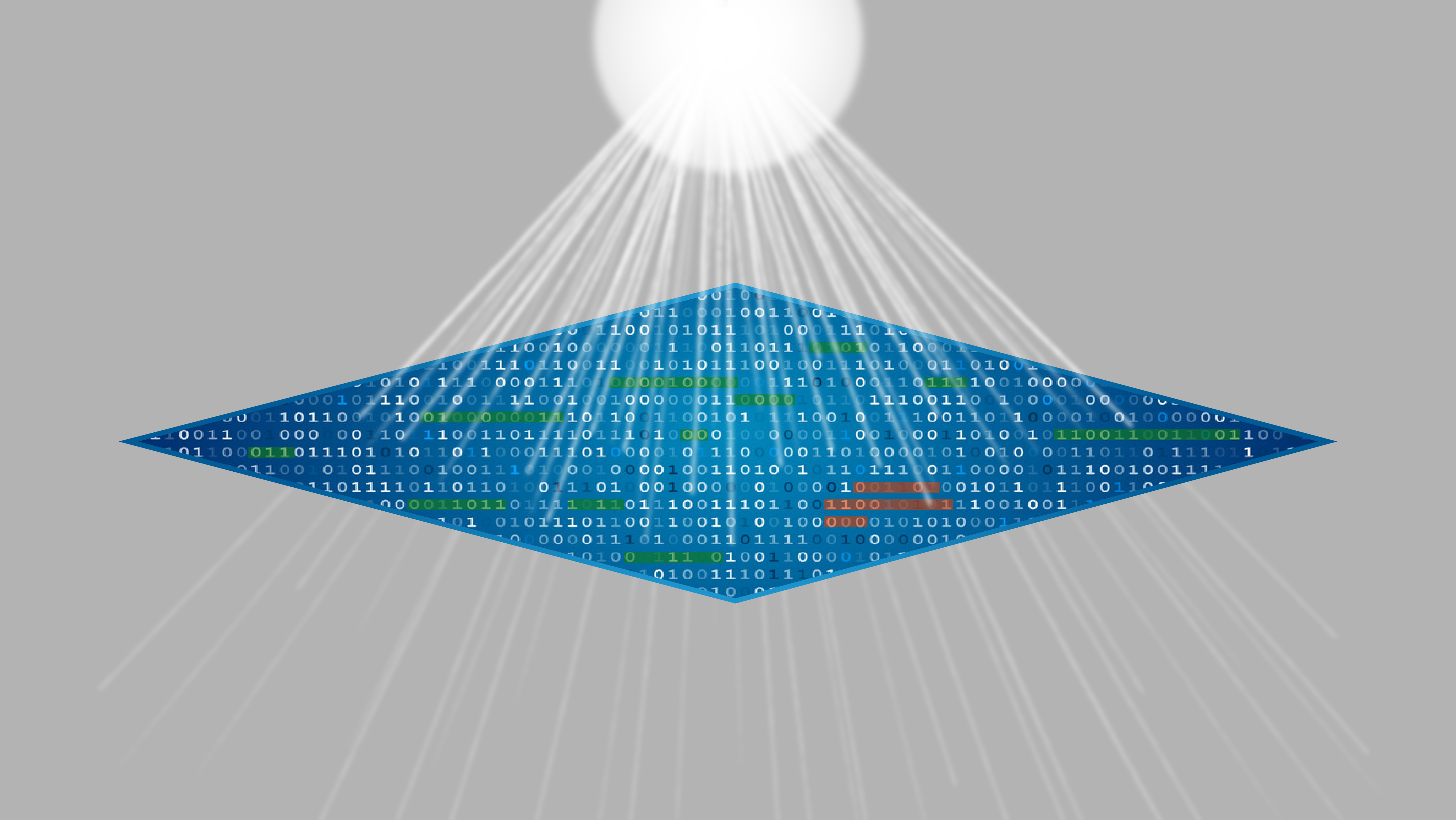 Representative image shows a light source directing light at a square which reveals lines of binary code some of which are green and some of which are red. 