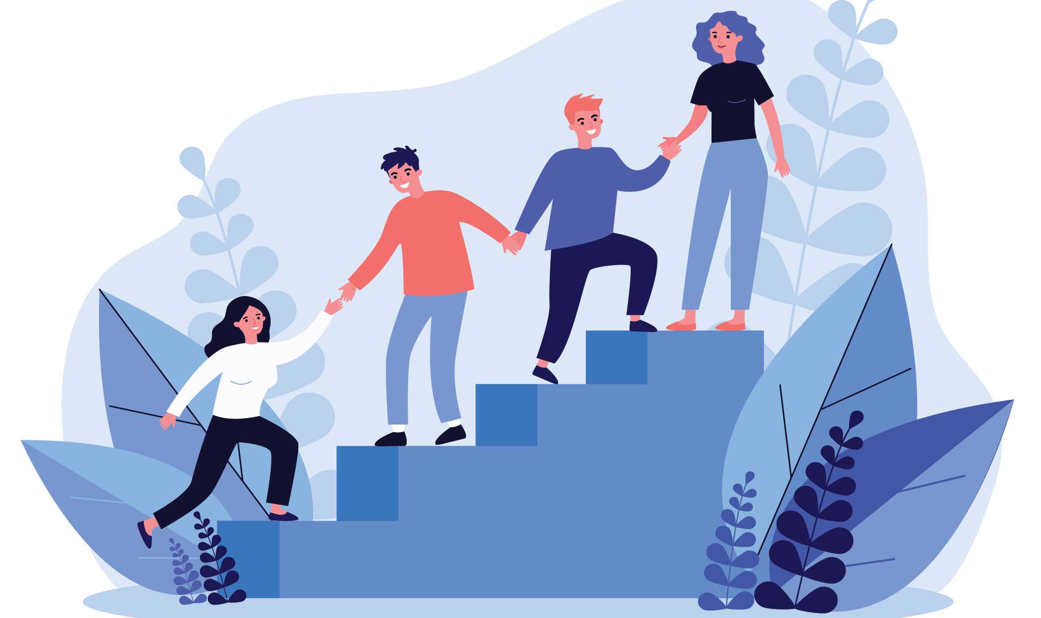 Graphic artwork of four people walking up stairs and holding hands