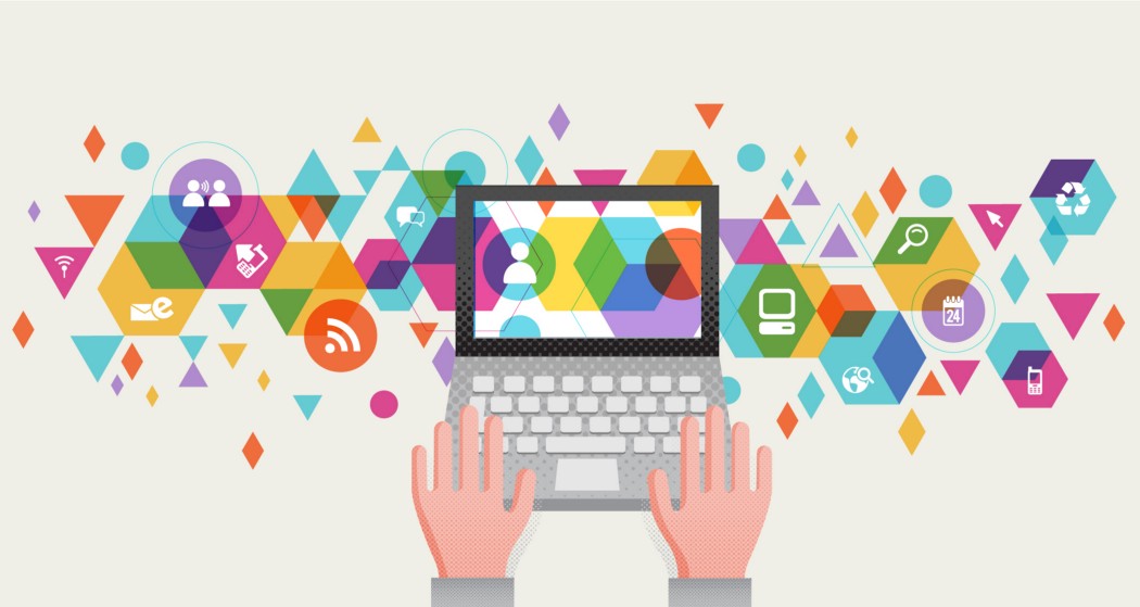 Graphic artwork. In the foreground, two hands hoover over a computer keyboard, preparing to type. In the background, various sized triangles and shapes float across to create a design.