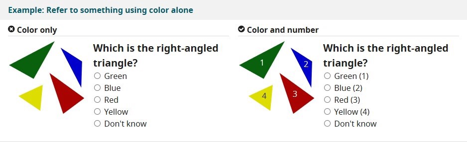Image of a chart with various sized triangles and a numbered list to identify which color goes with which shape
