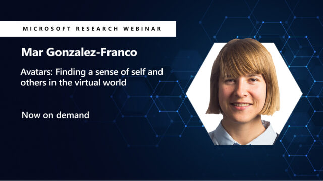 A picture of Mar Gonzalez Franco next to her webinar title about Avatars