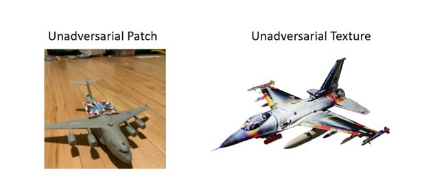 At left a gray toy jet with an unadversarial patch patterned in bright colors affixed to its body. At right a 3D rendering of a jet designed in the unadversarial texture, which is white with a variety of colors along the jet’s wings, nose, and tail.