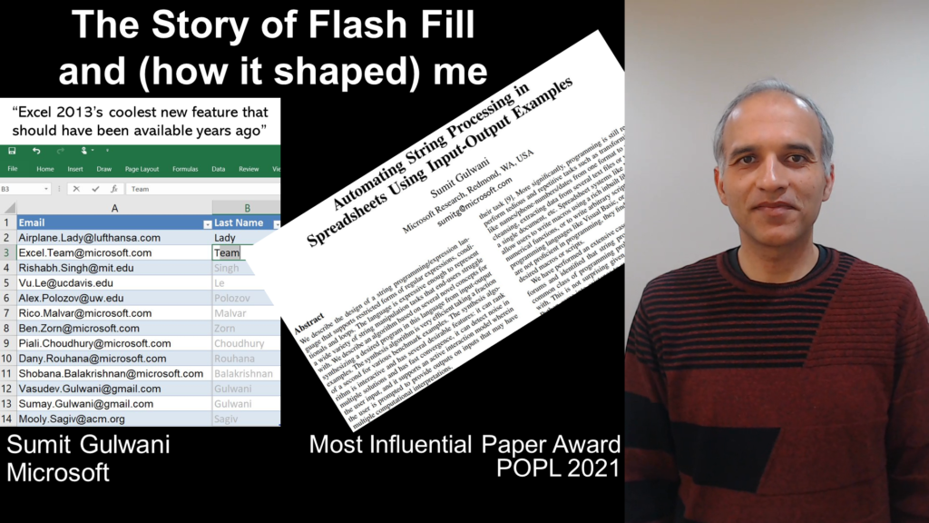Sumit Gulwani sharing the story of Flash Fill and how it shaped him