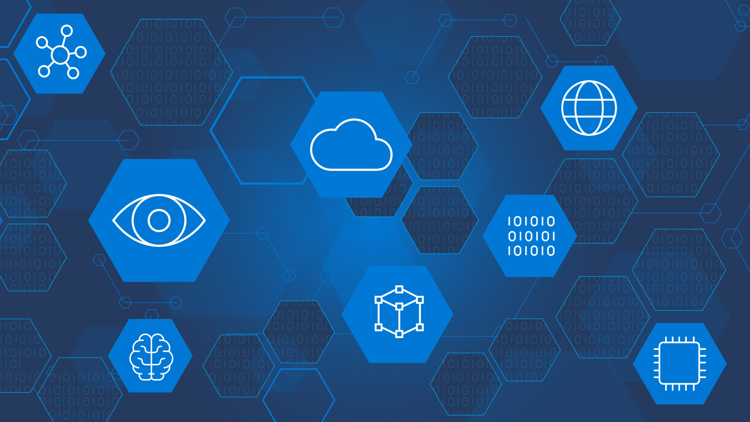 Graphic shows blue background with hexagons that each have a icon related to technology concepts i.e. cloud, binary code, eye, microchip, etc.