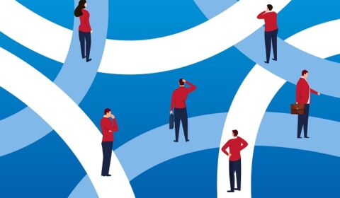 illustration of 6 people on different intersecting paths