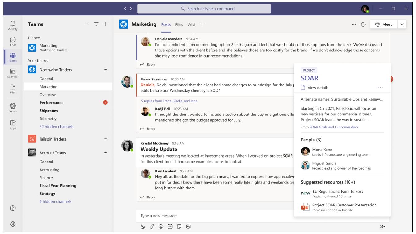 Figure 1: A screenshot of a Microsoft Teams conversation with a callout box providing additional information about people and related resources 