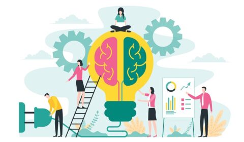 Brainstorming creative idea, business meeting and teamwork concept with big light bulb and brain illustration