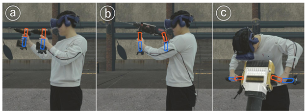 Figure 6: Applications can render different grip shapes, such as: (a) a pair of separate electric screwdrivers with independent handles, (b) a hammer drill with parallel handles, or (c) a jackhammer with aligned handles…