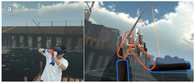 Figure 7: A fishing rod application can give the illusion of a) pulling a line and b) winding a winch.