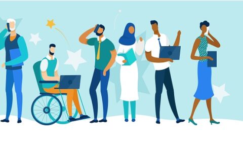 Diverse Multiracial and Multicultural People of Different Ages and Gender, Healthy and Disabled Characters Stand in Raw with Gadgets. Young and Old Business People. Cartoon Flat Vector Illustration