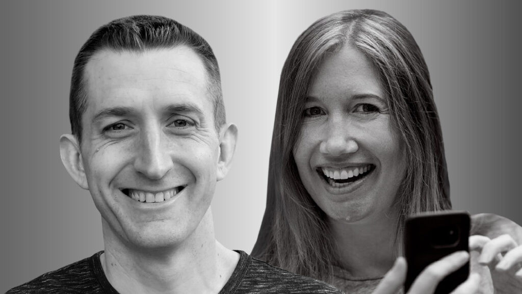 Two people side by side, Brian Houck on the left and Jaime Teevan on the right, in black and white smile and look forward. Teevan is holding a cell phone.