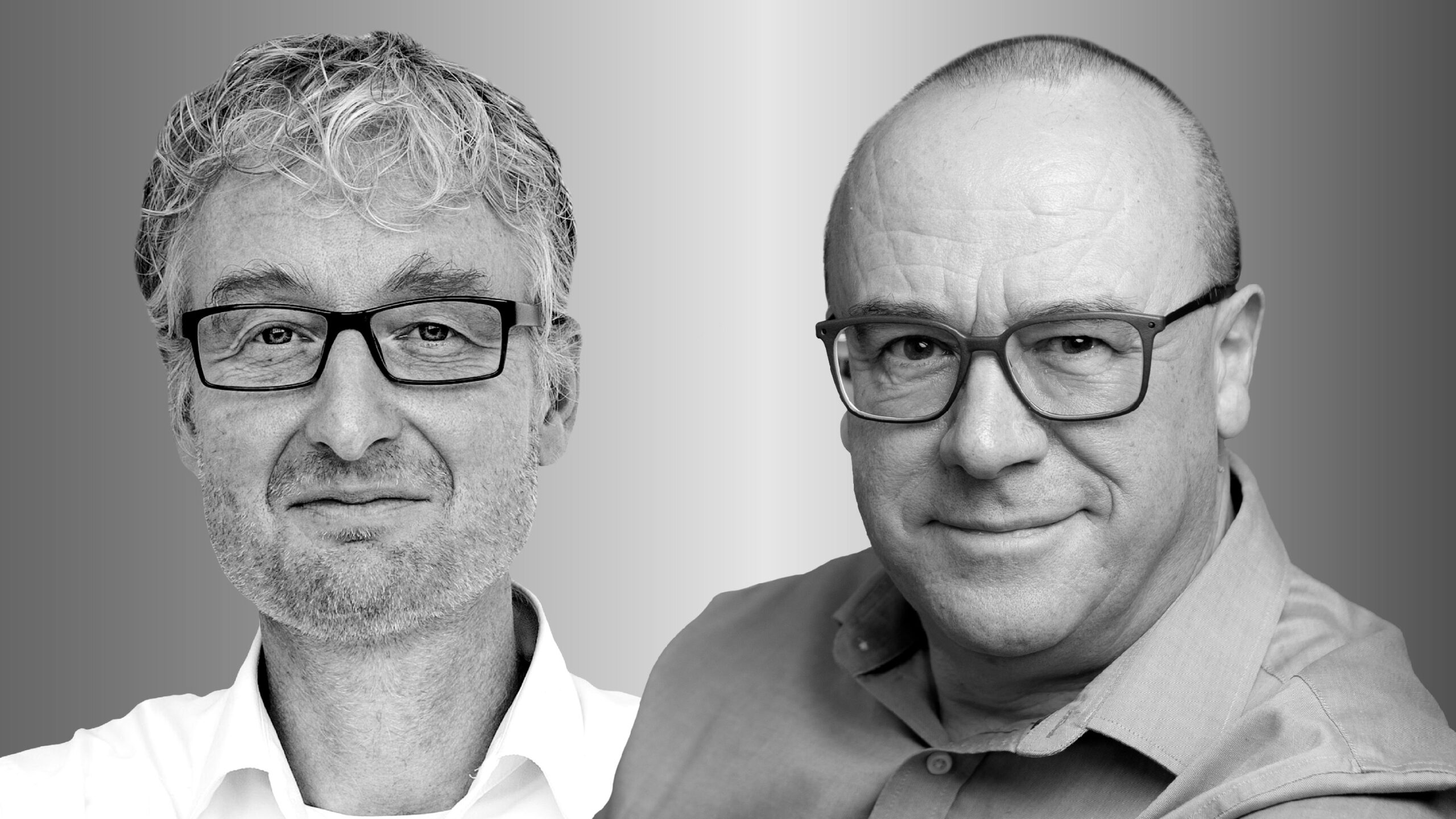 Two people side by side, Max Welling on the left and Chris Bishop on the right, in black and white smile and look forward.