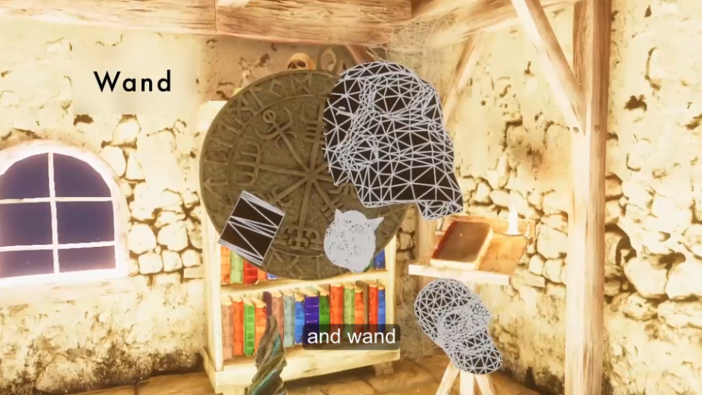 Nearmi wand technique showing the user selecting the skull object of interest in the room