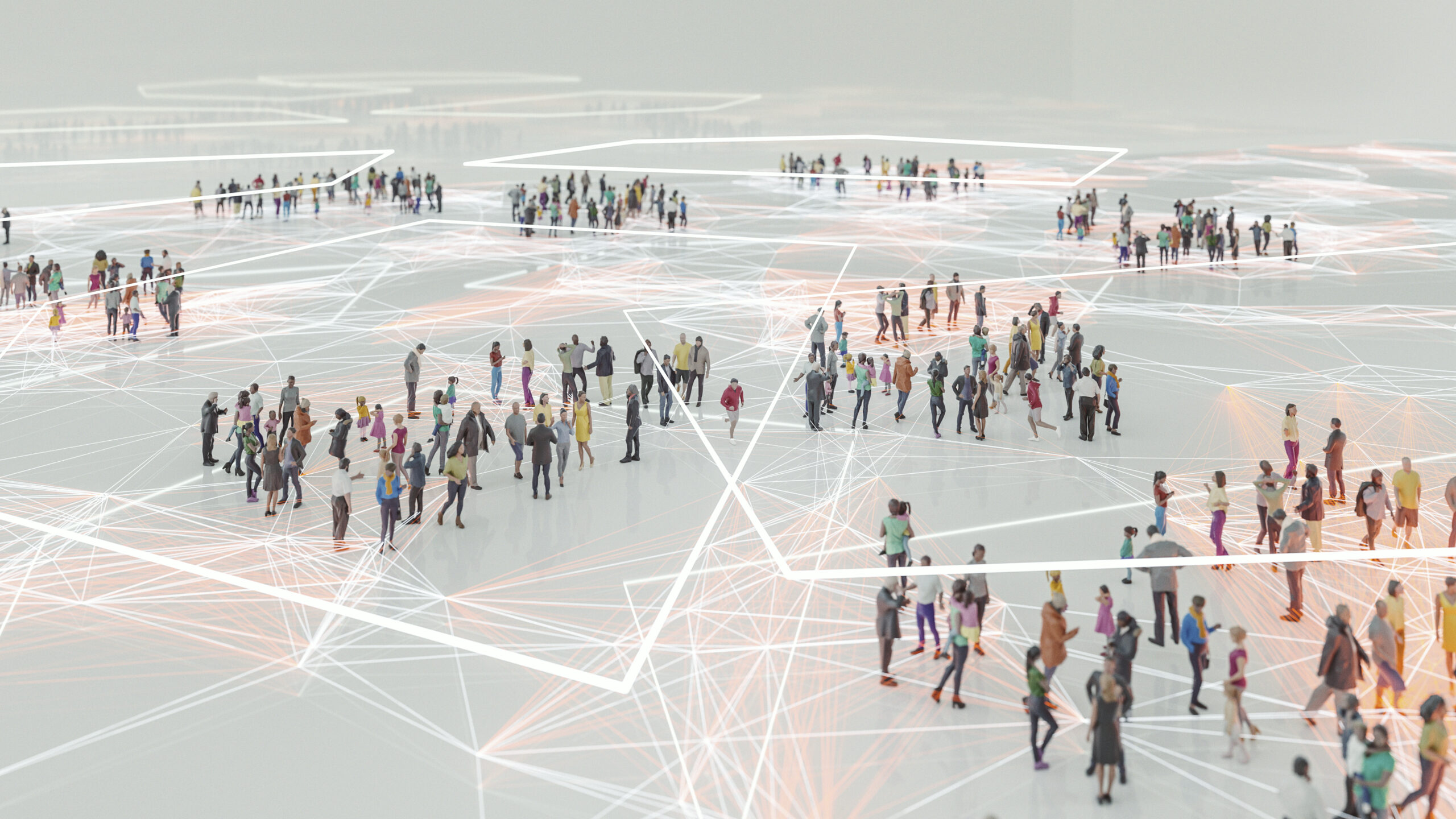 Crowds of people spaced out but connected by lots of lines