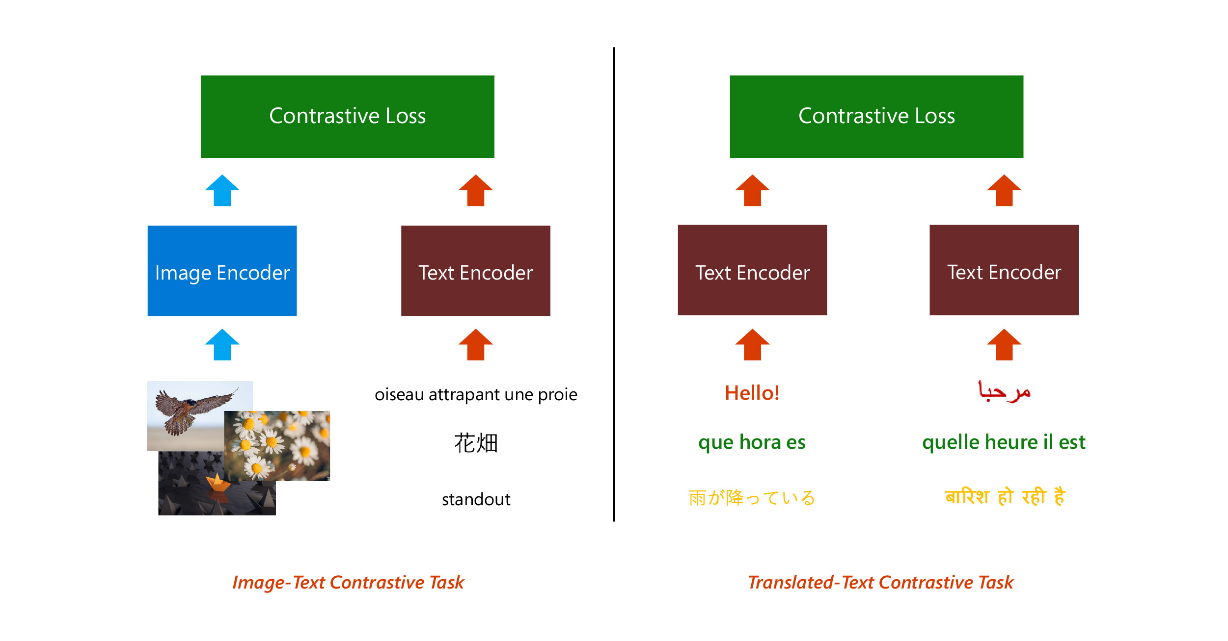 A set of two images. The image on the left is an illustration of the image text contrastive task. Images containing a paper boat, flowers and a bird are shown to be encoded by the image encoder. Corresponding captions in different languages are shown to be encoded by the text encoder. Contrastive loss is then applied over the resulting vectors. The image on the right is an illustration of the translation text contrastive task. Sentences and their translations in different languages are encoded by the text encoder and the contrastive loss is applied over the resulting vectors.