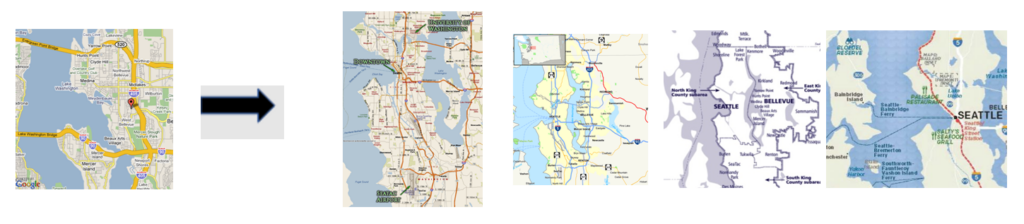 An image of a map of Seattle and an arrow pointing to four different images of a map of Seattle