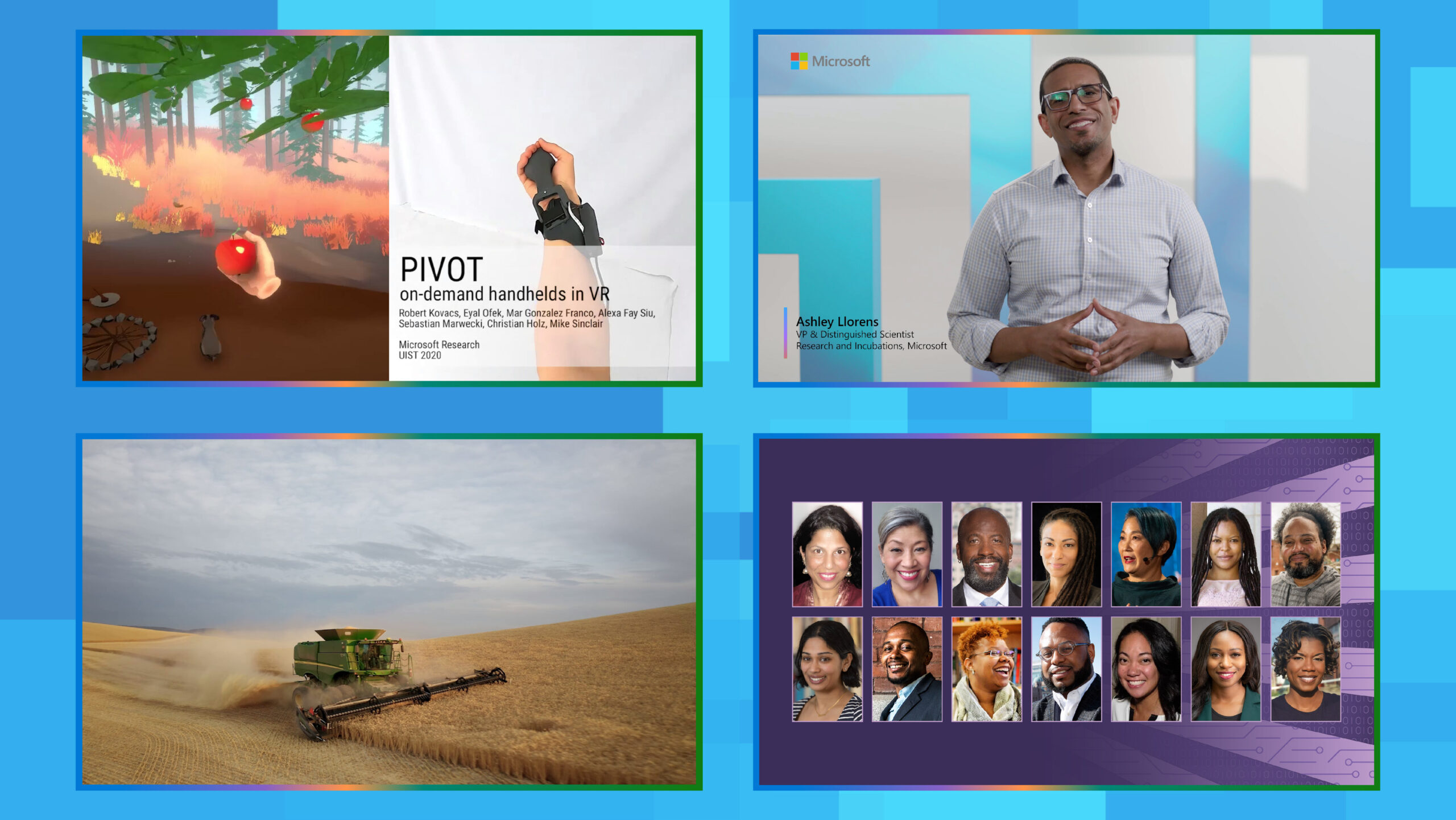 Collage of four images. 1) a VR haptic pivot device 2) Ashley Lorens of Microsoft Research 3) an image of tractor on a farm 4) image of Race and Technology lecture series speakers.