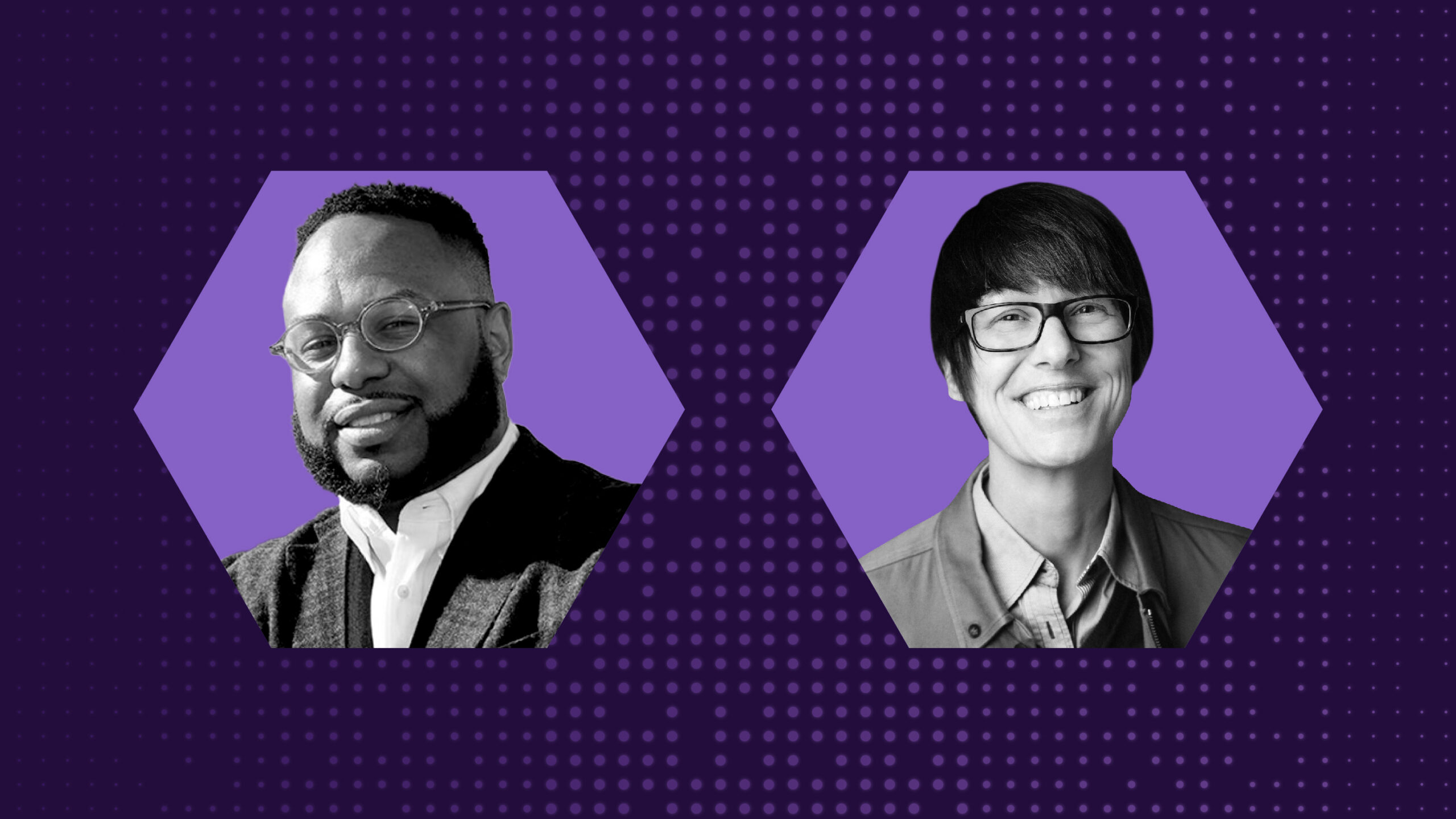 Portraits of Dr. Desmond Patton, Professor of Social Work; Senior Associate Dean of Academic Affairs and Curriculum Innovation at Colombia and Microsoft researcher Mary L. Gray with a purple background.