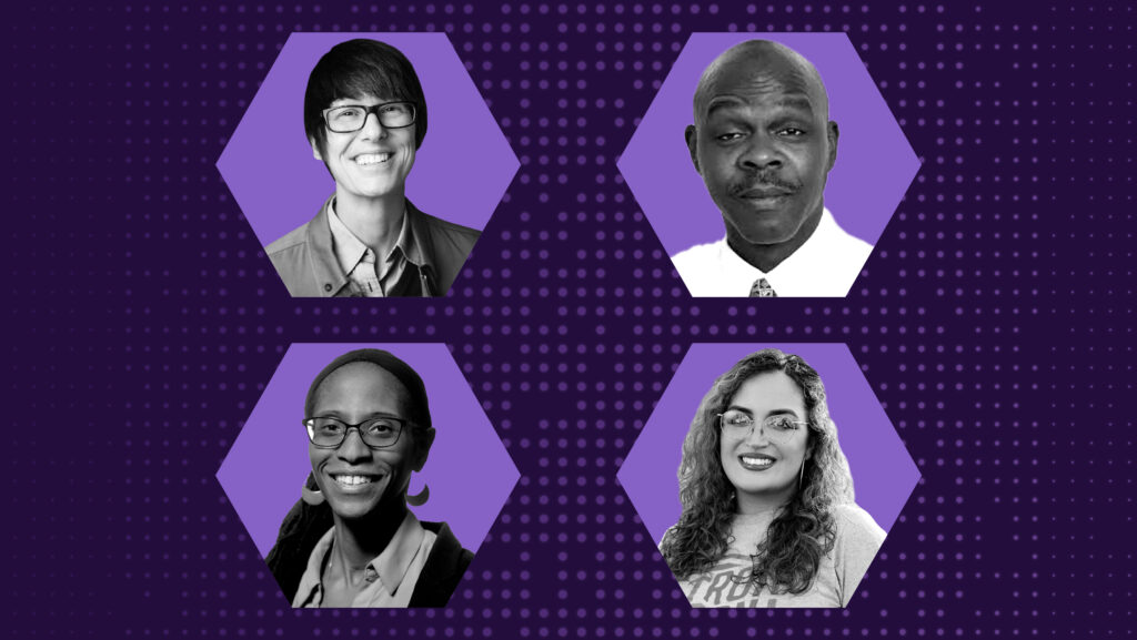 Headshots of podcast guests Tawanna Dillahunt, Zachary Rowe, Joanna Velazquez, and host Mary Gray in a two-by-two grid and set against a dark purple background. Each headshot is contained within a hexagon shape. 