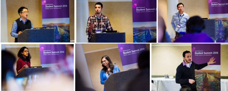Student Talks at the 2016 Microsoft Research Student Summit on Mobility, Systems, and Networking. From top left clockwise: Xianjheng Dou, Alex Mariakakis, Peng Huang, Fadel Adib, Vasuki Swamy, Lavanya Jose.
