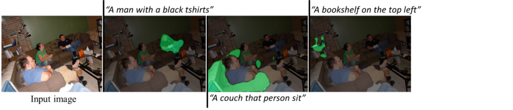 Figure 3. Segmentation results of an image with different language expressions on the Gref dataset.