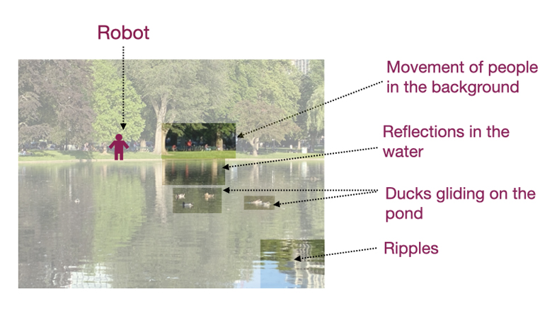 A view of a park with an agent walking along a trail. Sources of exogenous noise surround the agent, including ducks gliding on a pond, people in the background, and reflections on the water.