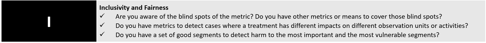 Checklist for Creating Inclusive and Fair Metrics. Are you aware of the blind spots of the metric? Do you have other metrics or means to cover those blind spots? Do you have metrics to detect cases where a treatment has different impacts on different observation units or activities? Do you have a set of good segments to detect harm to the most important and the most vulnerable segments?