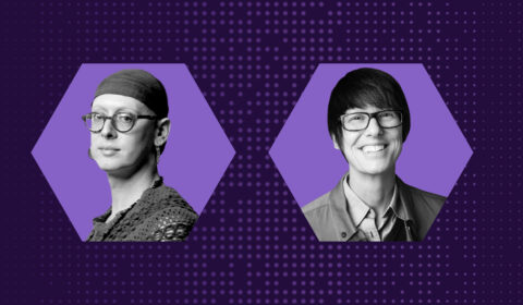 Headshots of podcast guest Dr. Sasha Costanza-Chock and host Dr. Mary Gray side by side and set against a dark purple background. Each headshot is contained within a hexagon shape.