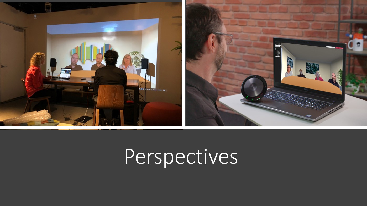 A hybrid meeting in which everyone sits around a virtual table