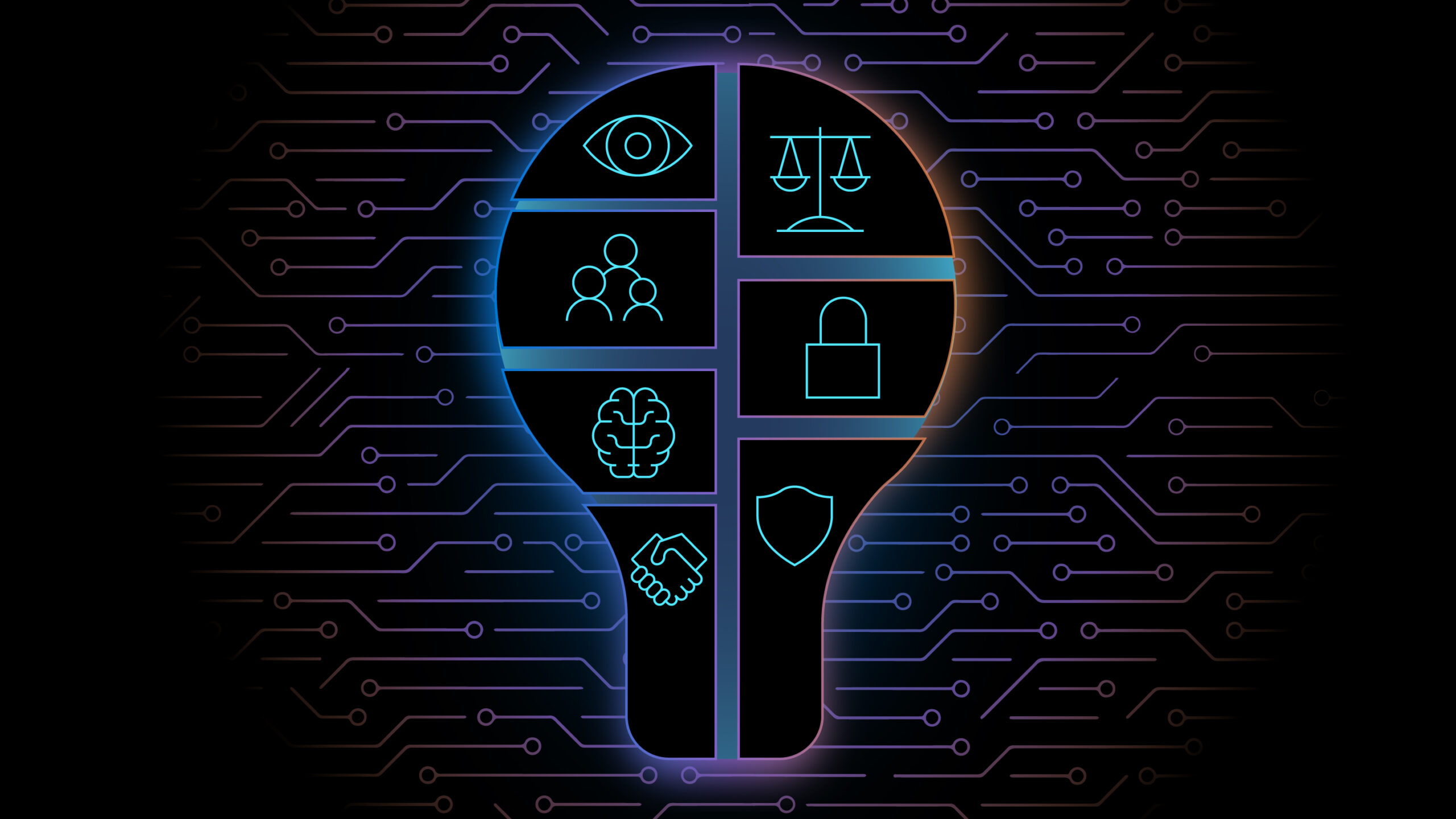 A lightbulb-shaped image, set against a background that represents computer circuitry, is divided into seven sections, with a small research-related icon in each section. Moving clockwise from upper right to upper left, the seven icons are a set of scales, a padlock, a badge, two hands clasped in a handshake, a human brain, a group of three people, and a human eye. 
