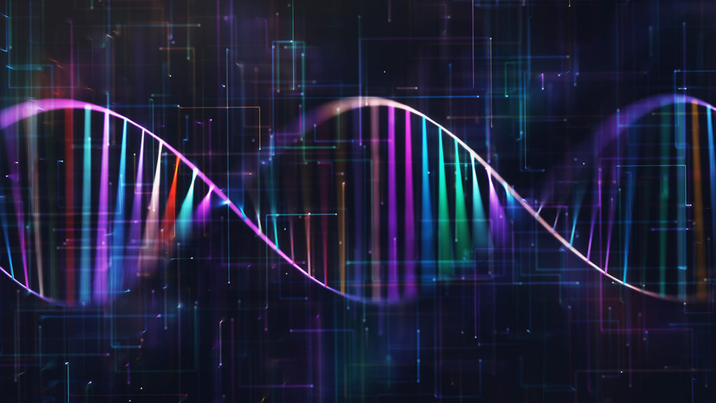 biomedical computing - graphic of a colorful DNA strand on a black background