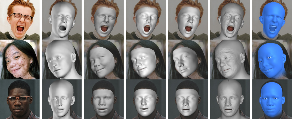 Image with three rows and seven columns. Real faces are in the first column. Different baselines are shown in columns two through six and depict models based on the real faces with varying degrees of distinction in terms of facial identity. The column on the right shows face models with our proposed system of 703 landmarks and depicts a great amount of facial identity.