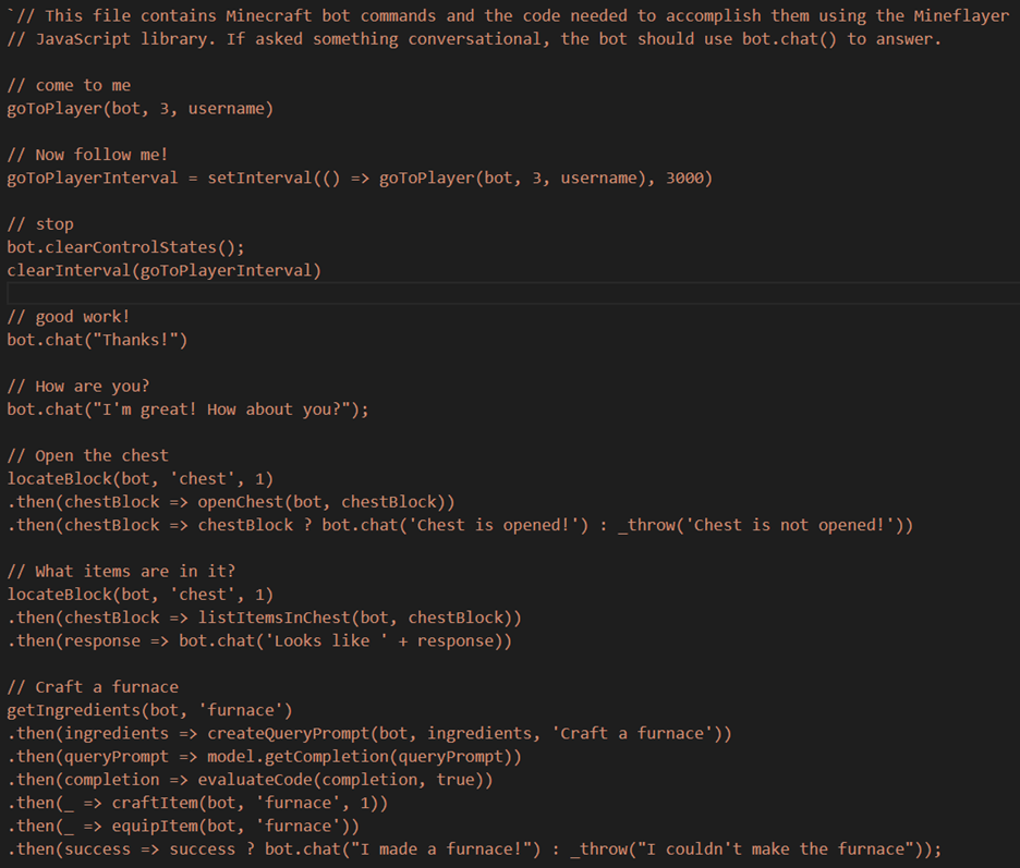 Figure 3: Sample prompt given to the Codex model to power an NPC in Minecraft.