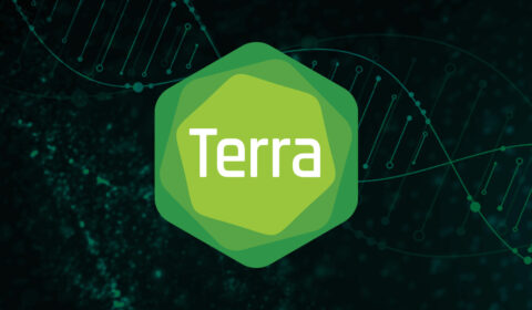 Terra's logo on a black background with abstract DNA strand pattern