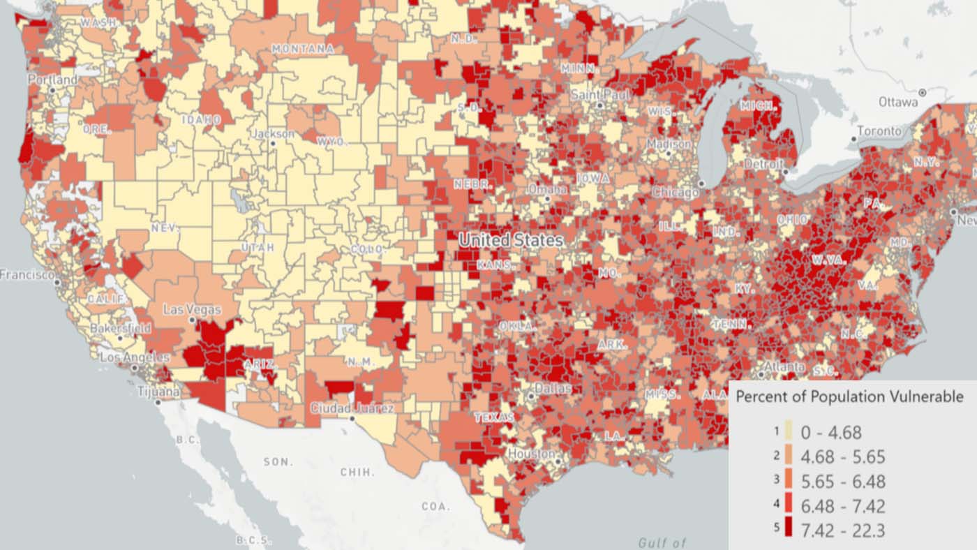 United States map indicating the percentage of population vulnerable to COVID-19 fatality risk