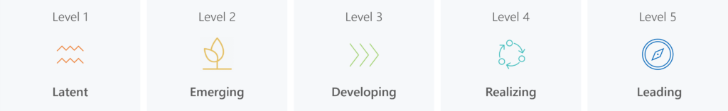 5 maturity levles: Latent, Emerging, Developing, Realizing, Leading