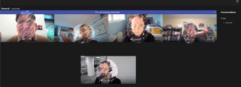Videoconferencing user interface showing four people in a horiztonal line on top row and the user on the row below.