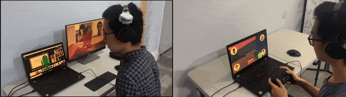 DIS 2023 - Figure 2: Two videos side-by-side showing the wearer controlling where his input is being sent among a multitude of devices. On the left, a video shows an over-the-shoulder view of a wearer interacting with a monitor and aptop while wearing headphones. There are two separate video calls on each screen. As the wearer turns from one screen to another, a large microphone icon appears on the screen at which the wearer is looking, and a muted microphone icon is shown on the other screen.
The video on the right shows an over-the-shoulder view of a wearer interacting with a laptop while wearing headphones. The laptop screen shows a video game and four circular icons on each corner depicting the other players. The user looks at the bottom left of the screen, which enlarges the icon of the teammate in that corner, and the wearer starts to speak. The wearer then looks at the top-right of the screen, and the teammate in that corner is highlighted while the wearer speaks.